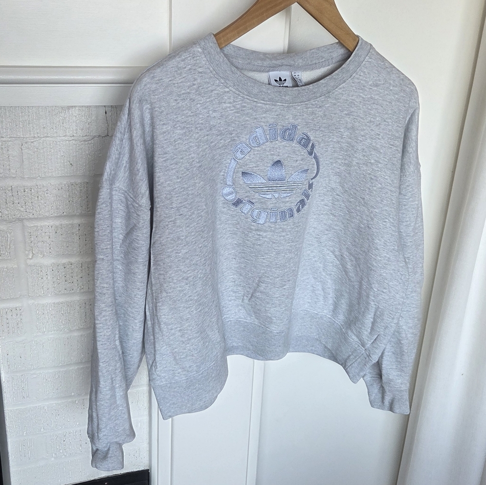Adidas Originals Logo Light Gray Crewneck Pullover Cropped Sweater Womens Large